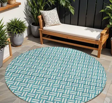 8' Teal Blue And Gray Round Geometric Washable Indoor Outdoor Area Rug