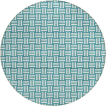 8' Teal Blue And Gray Round Geometric Washable Indoor Outdoor Area Rug