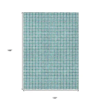 10' X 14' Teal Blue And Gray Geometric Washable Indoor Outdoor Area Rug