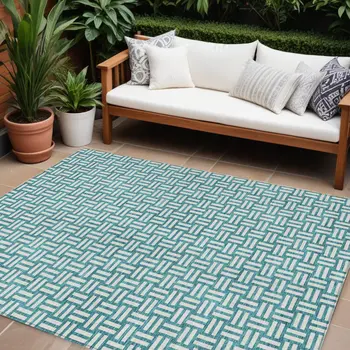 10' X 14' Teal Blue And Gray Geometric Washable Indoor Outdoor Area Rug