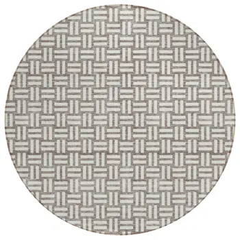 8' Taupe And Gray Round Geometric Washable Indoor Outdoor Area Rug