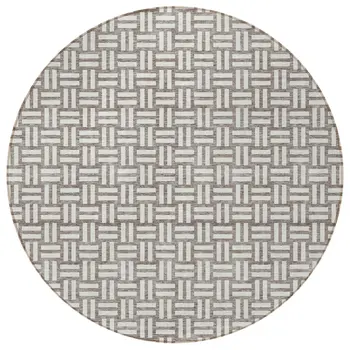 8' Taupe And Gray Round Geometric Washable Indoor Outdoor Area Rug