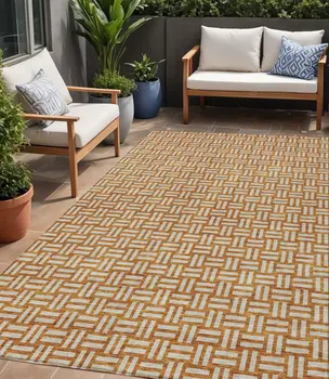 5' X 8' Terra Cotta And Beige Geometric Washable Indoor Outdoor Area Rug