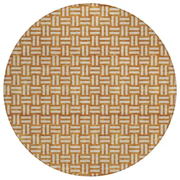 8' Terra Cotta And Beige Round Geometric Washable Indoor Outdoor Area Rug