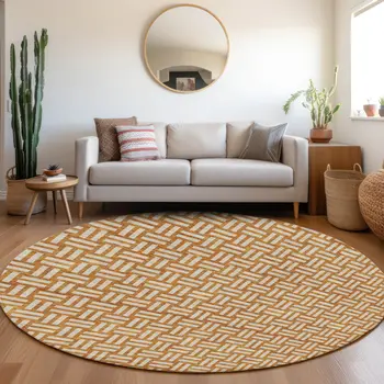 8' Terra Cotta And Beige Round Geometric Washable Indoor Outdoor Area Rug