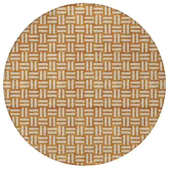 8' Terra Cotta And Beige Round Geometric Washable Indoor Outdoor Area Rug