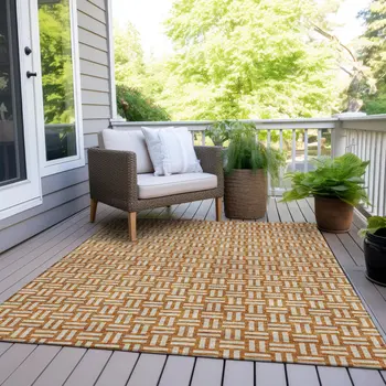 8' X 10' Terra Cotta And Beige Geometric Washable Indoor Outdoor Area Rug