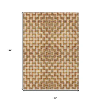 9' X 12' Terra Cotta And Beige Geometric Washable Indoor Outdoor Area Rug