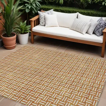 10' X 14' Terra Cotta And Beige Geometric Washable Indoor Outdoor Area Rug