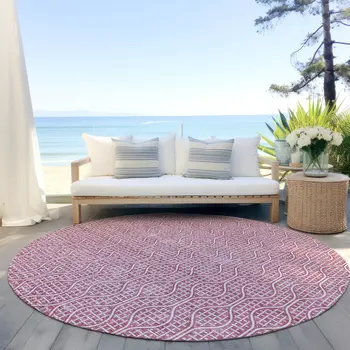 8' Blush And Ivory Round Geometric Washable Indoor Outdoor Area Rug