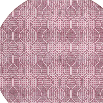 8' Blush And Ivory Round Geometric Washable Indoor Outdoor Area Rug