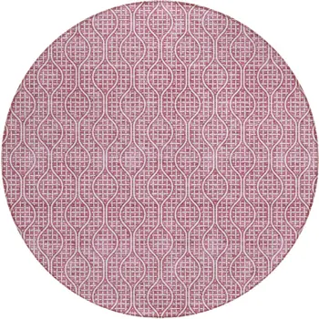 8' Blush And Ivory Round Geometric Washable Indoor Outdoor Area Rug