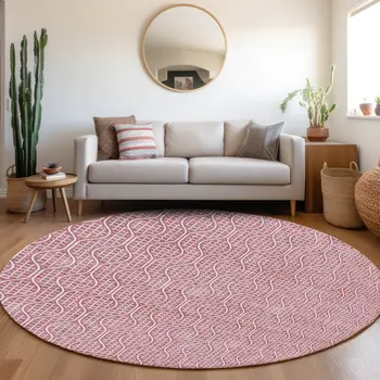 8' Blush And Ivory Round Geometric Washable Indoor Outdoor Area Rug