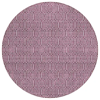 8' Eggplant And Ivory Round Geometric Washable Indoor Outdoor Area Rug