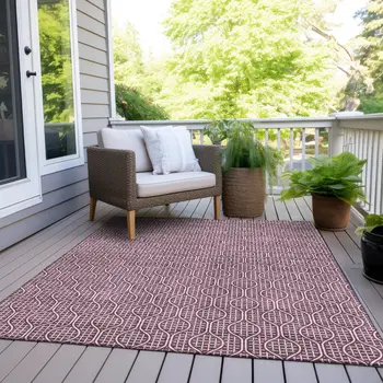 9' X 12' Eggplant And Ivory Geometric Washable Indoor Outdoor Area Rug