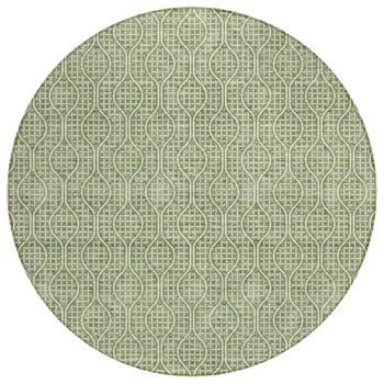 8' Green And Ivory Round Geometric Washable Indoor Outdoor Area Rug