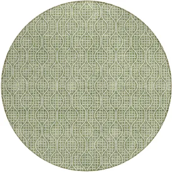 8' Green And Ivory Round Geometric Washable Indoor Outdoor Area Rug