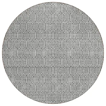 8' Gray And Ivory Round Geometric Washable Indoor Outdoor Area Rug