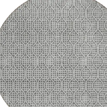8' Gray And Ivory Round Geometric Washable Indoor Outdoor Area Rug