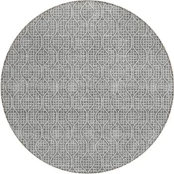 8' Gray And Ivory Round Geometric Washable Indoor Outdoor Area Rug