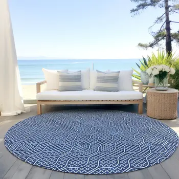 8' Navy Blue And Ivory Round Geometric Washable Indoor Outdoor Area Rug