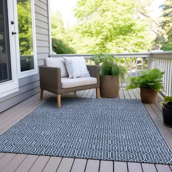 9' X 12' Navy Blue And Ivory Geometric Washable Indoor Outdoor Area Rug