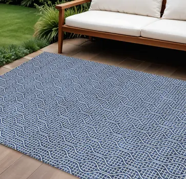 10' X 14' Navy Blue And Ivory Geometric Washable Indoor Outdoor Area Rug