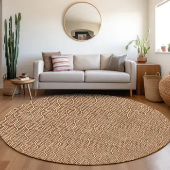 8' Brown And Beige Round Geometric Washable Indoor Outdoor Area Rug