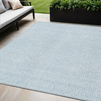 5' X 8' Sky Blue And Ivory Geometric Washable Indoor Outdoor Area Rug