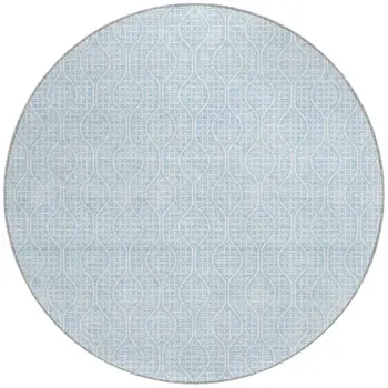 8' Sky Blue And Ivory Round Geometric Washable Indoor Outdoor Area Rug
