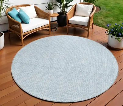 8' Sky Blue And Ivory Round Geometric Washable Indoor Outdoor Area Rug