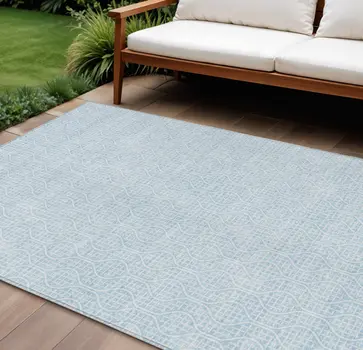 8' X 10' Sky Blue And Ivory Geometric Washable Indoor Outdoor Area Rug