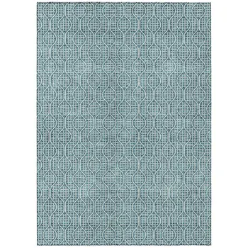 5' X 8' Teal Blue And Ivory Geometric Washable Indoor Outdoor Area Rug