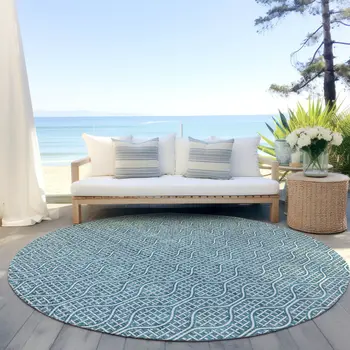 8' Teal Blue And Ivory Round Geometric Washable Indoor Outdoor Area Rug