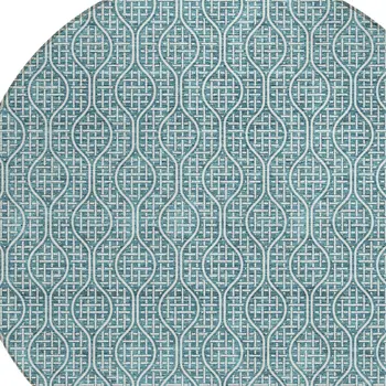 8' Teal Blue And Ivory Round Geometric Washable Indoor Outdoor Area Rug