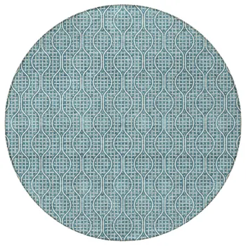 8' Teal Blue And Ivory Round Geometric Washable Indoor Outdoor Area Rug
