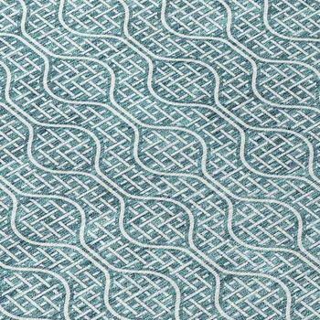 8' Teal Blue And Ivory Round Geometric Washable Indoor Outdoor Area Rug