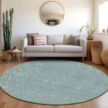 8' Teal Blue And Ivory Round Geometric Washable Indoor Outdoor Area Rug