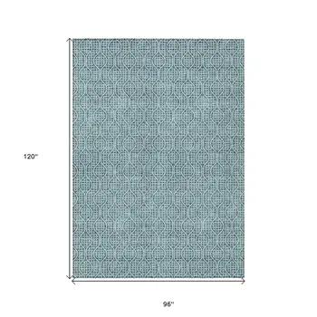 8' X 10' Teal Blue And Ivory Geometric Washable Indoor Outdoor Area Rug