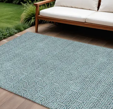 9' X 12' Teal Blue And Ivory Geometric Washable Indoor Outdoor Area Rug
