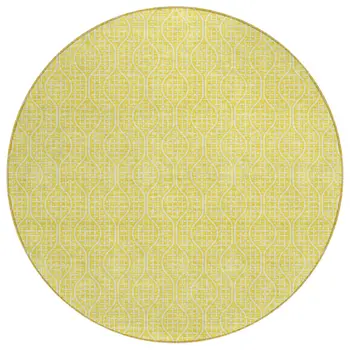 8' Yellow And Gray Round Geometric Washable Indoor Outdoor Area Rug