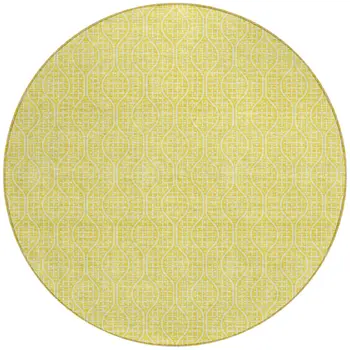 8' Yellow And Gray Round Geometric Washable Indoor Outdoor Area Rug