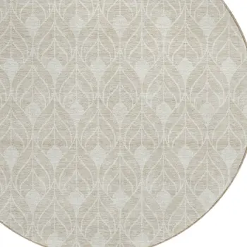 8' Beige And Ivory Round Geometric Washable Indoor Outdoor Area Rug