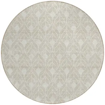 8' Beige And Ivory Round Geometric Washable Indoor Outdoor Area Rug