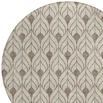 8' Brown And Beige Round Geometric Washable Indoor Outdoor Area Rug