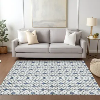 3' X 5' Blue And Ivory Geometric Washable Indoor Outdoor Area Rug