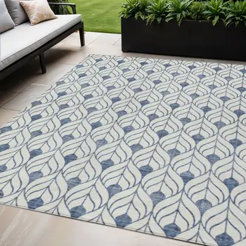 5' X 8' Blue And Ivory Geometric Washable Indoor Outdoor Area Rug