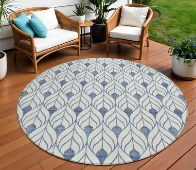 8' Blue And Ivory Round Geometric Washable Indoor Outdoor Area Rug