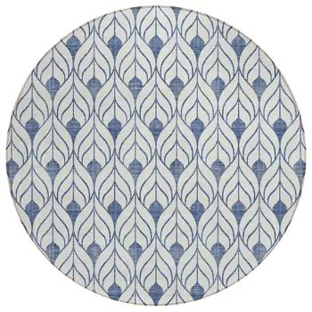 8' Blue And Ivory Round Geometric Washable Indoor Outdoor Area Rug
