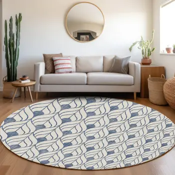 8' Blue And Ivory Round Geometric Washable Indoor Outdoor Area Rug